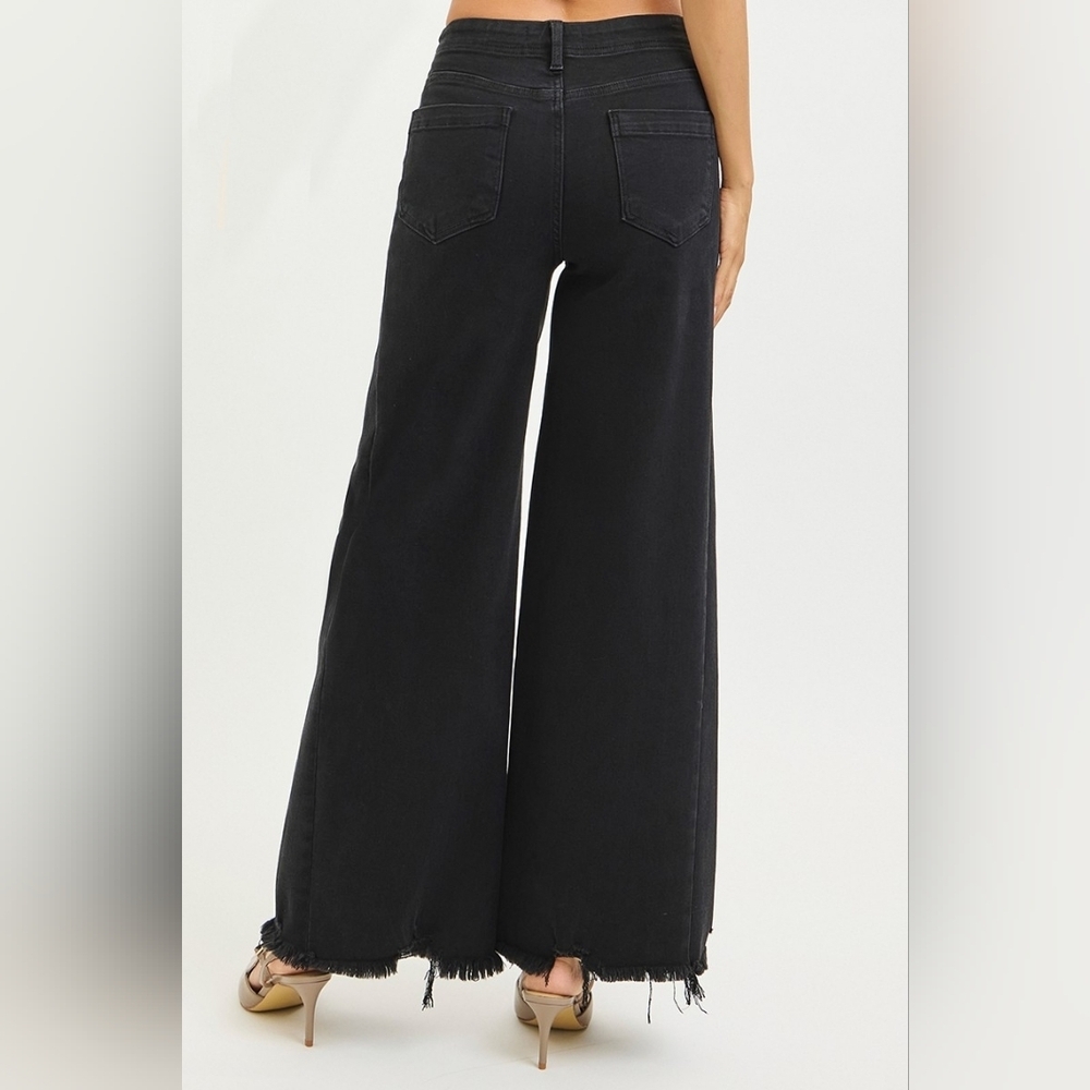 RISEN HR Tummy Control Black Palazzo Jeans Wide Leg Distressed Hems Various NEW - Picture 9 of 12